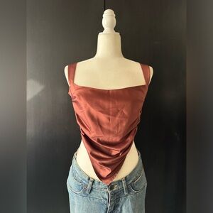 MIAOU Tati Brown Tie Back handkerchief ruched Boned Satin Cropped Tank Top S